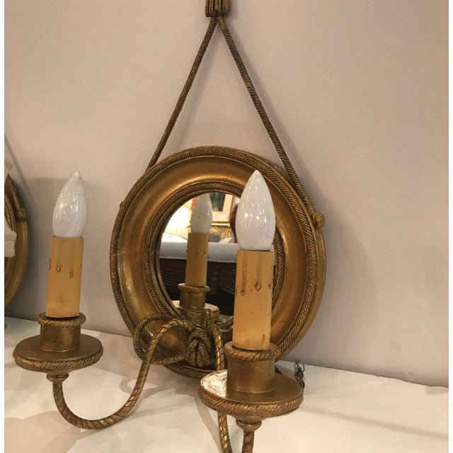 Wood Pair of Mirrored and Giltwood Two Light Bullseye Sconces NYC, circa 1910 For Sale - Image 7 of 14