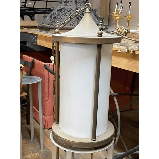 Mid-Century Modern Vintage Milk Glass Brass Frame Hanging Hall Canopy Light Pendant For Sale - Image 3 of 6