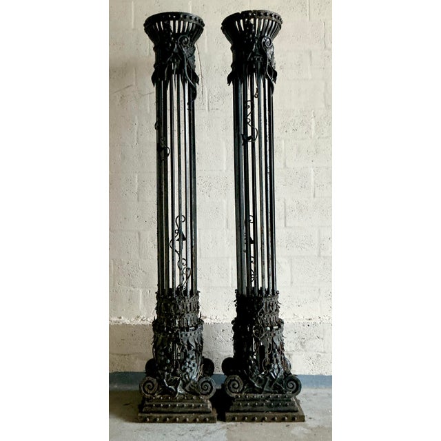 Metal Vintage Neoclassical Wrought Iron Columns - A Pair For Sale - Image 7 of 13