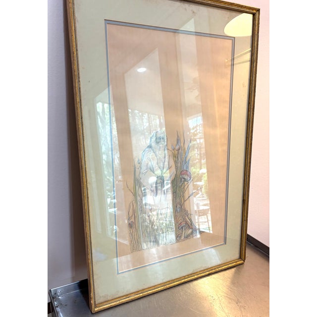 1980 framed god w/ mushrooms drawing; signed Danae Broxson. Some minor wrinkling to paper under glass, as shown. Measures...