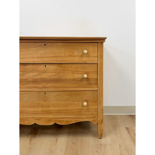 Farmhouse Primitive Scrubbed Pine Three Drawer Dresser Dovetail Porcelain Knobs Vintage For Sale - Image 3 of 14