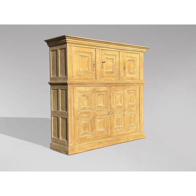 This is a fabulous, French mid 19th-century painted housekeeper's cupboard of architectural form in a lovely yellow paint...