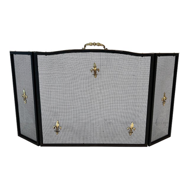 Brass Fireplace Screen, Stele and Mesh in Neoclassical Style With Fleur-de-lys For Sale