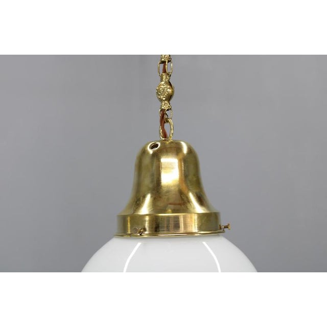 Metal Luzette Pendant Lights in Opaline Glass and Brass by Peter Behrens for Aeg, 1930s, Set of 2 For Sale - Image 7 of 17