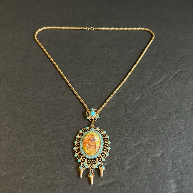 Vintage Juliana D & E Necklace Book Piece Courting Couple Transfer Cabochon Turquoise Vintage condition with light general...