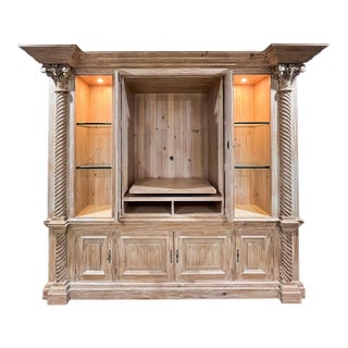 Monumental William Switzer Hand-Carved Bleached Pine Neoclassical Entertainment Armoire For Sale
