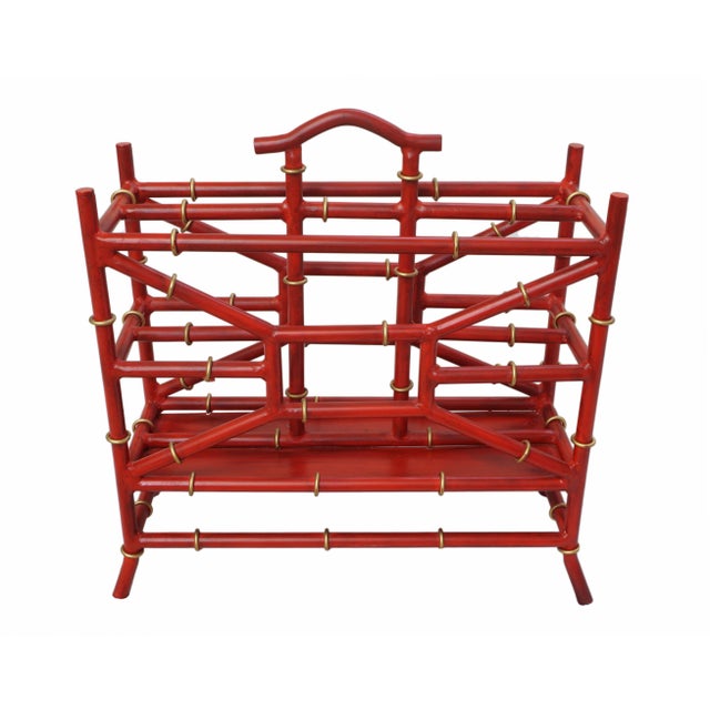 Vintage Red Faux Bamboo Magazine Rack Holder Painted Metal Two Compartment Hollywood Regency Palm Beach Style Gilt Accents...