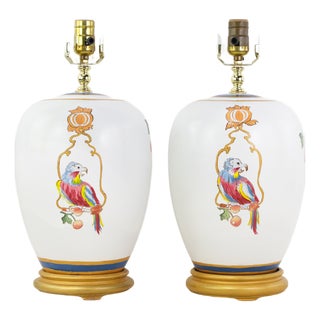 Vintage Hand-Painted Ceramic Table Lamps With Chinoiserie Parrots and Cherry Motif - a Pair For Sale