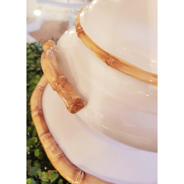 Vintage Ceramic Faux Bamboo Palm Beach Regency Trim Soup Tureen With Ladel and Platter For Sale - Image 9 of 10