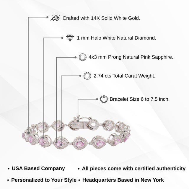 14k Gold Pear Cut 2.74ct Pink Sapphire & Diamond Byzantine Tennis Bracelet For Sale - Image 14 of 17