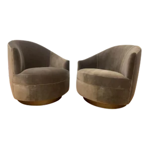 Postmodern Asymmetrical Barrel Back Swivel Chairs Newly Reupholstered - Pair