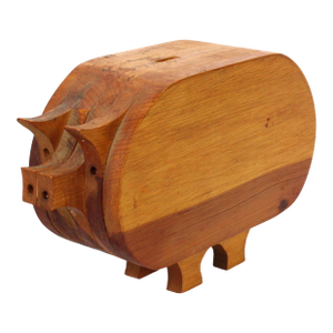 Vintage Folk Art Hand Made Wood Piggy Bank Sculpture
