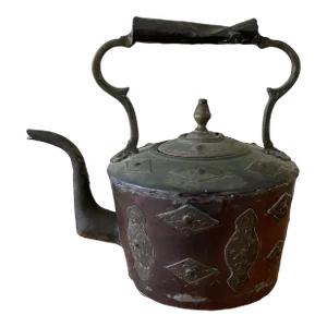 Antique Morrocan Large Copper Tea Kettle With Embossed Brass Detailing