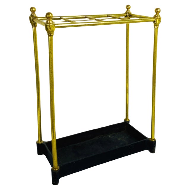 Mid-Century Italian Brass Umbrella Stand with Black Iron Base, 1950s For Sale