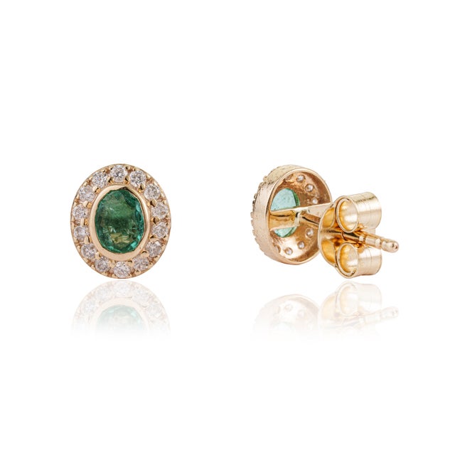 Metal 14k Gold Everyday Oval Natural Emerald Diamond Halo Stud Earrings- A Pair For Sale - Image 7 of 16