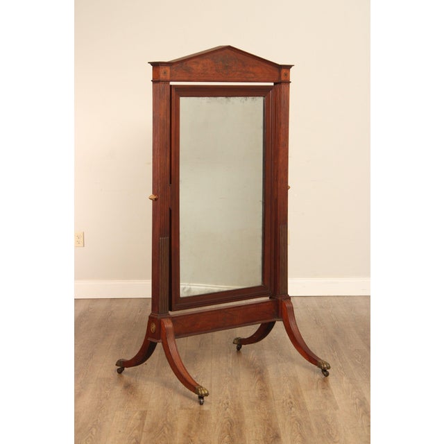 High Quality 19th Century Mahogany Cheval Mirror In The Federal Style. Features A Shaped Pediment Top With Inlaid Compass...