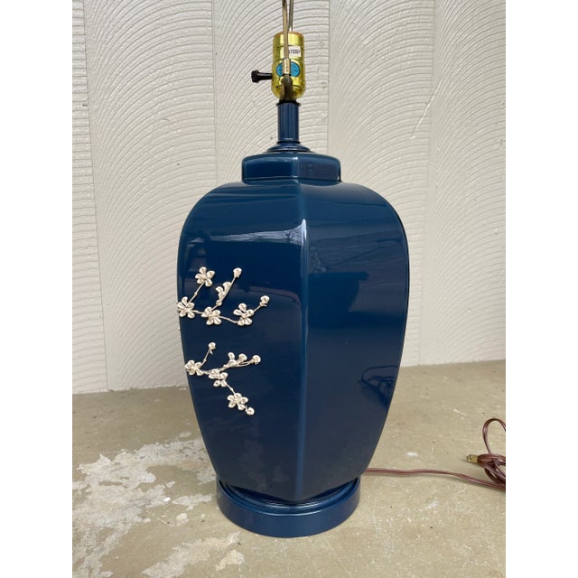 1960s Vintage Blue Table Lamp With Applied Cherry Blossom Pattern For Sale - Image 5 of 12