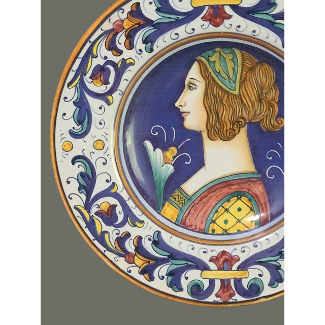 Blue Vintage Italian Deruta Majolica Painted Renaissance Portrait Decorative Plate #2 For Sale - Image 8 of 8