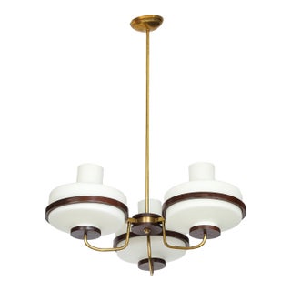 1960's Stilnovo Style Walnut and Brass Chandelier For Sale
