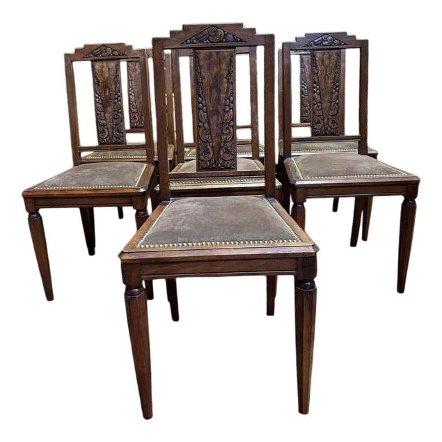 Art Deco Walnut Chairs, Set of 7 For Sale