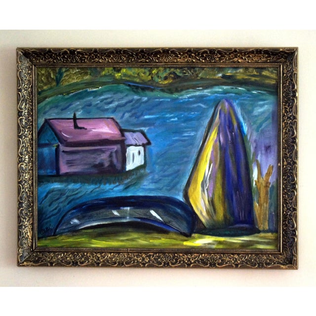 1980s 1980s Colette Calilhanna "Purple Village" Expressionist Acrylic Framed Painting For Sale - Image 5 of 11