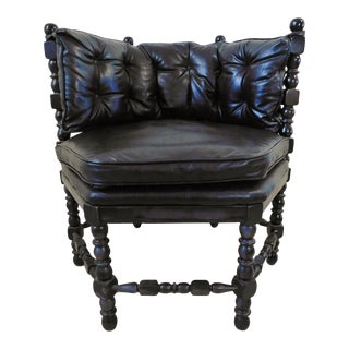 Vintage Mid Century Modern Black Leather Tufted Turned Spindle Wood Club Chair For Sale