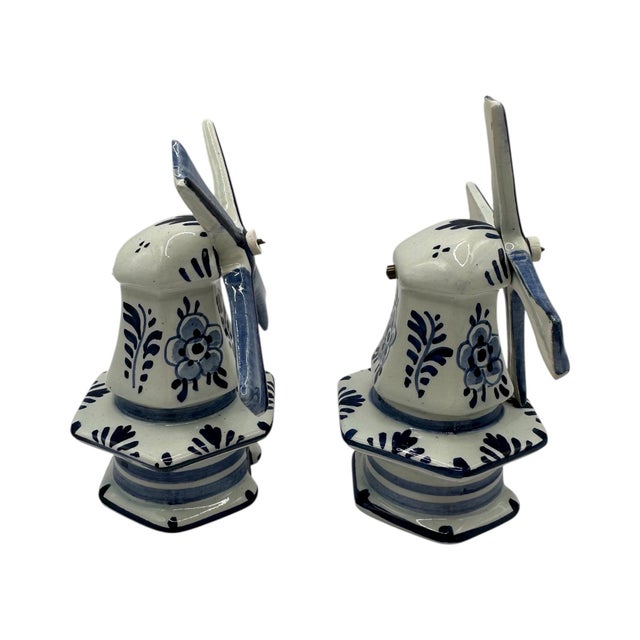 Traditional Vintage Ceramic Delft Blue and White Windmill Figurines - A Pair For Sale - Image 3 of 12