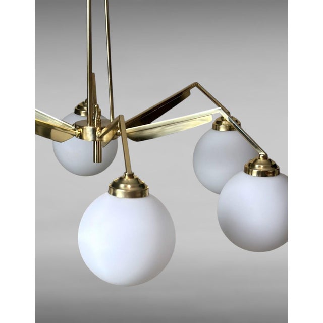 Mid 20th Century Stilnovo Style Italian Brass Six-Light Chandelier With Opaline Glass Globes For Sale - Image 10 of 18