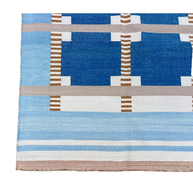 Handmade Cotton Geometric Area Rug, Sky Blue, Cream, Beige and Tan Dhurrie-88"x132" For Sale - Image 14 of 14
