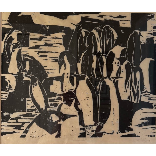 A striking vintage signed penguin artwork rendered in a bold black-and-white graphic style. Depicting a gathering of...