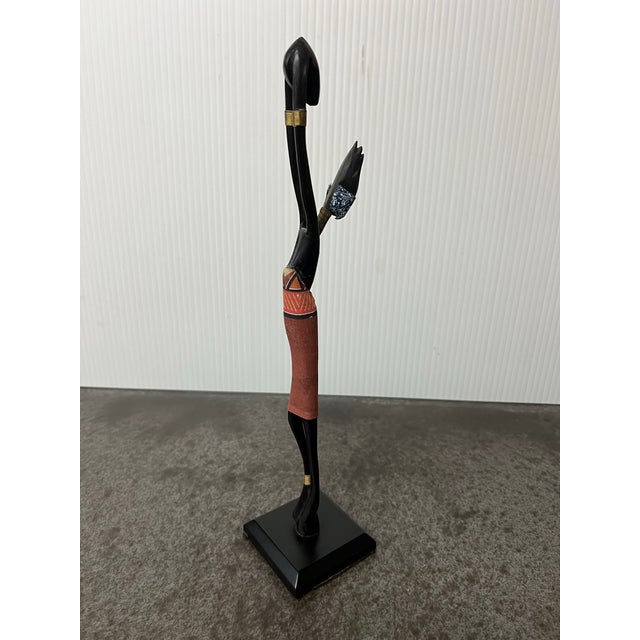 Handcrafted African Carved Figurine + Fabric Headpiece + Wood Carved + Metal Accents For Sale - Image 9 of 11