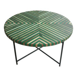 Contemporary Traditional Handmade Moroccan Resin and Walnut Wood Table / Green and Tan For Sale