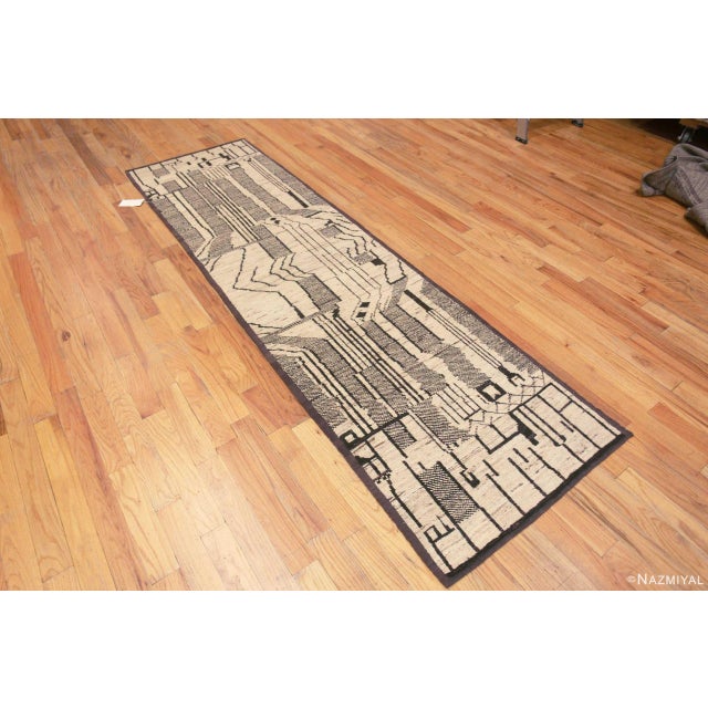 A Fascinating Artistic Tribal Primitive Design Cream and Charcoal Color Modern Hallway Runner Rug, Country of Origin:...