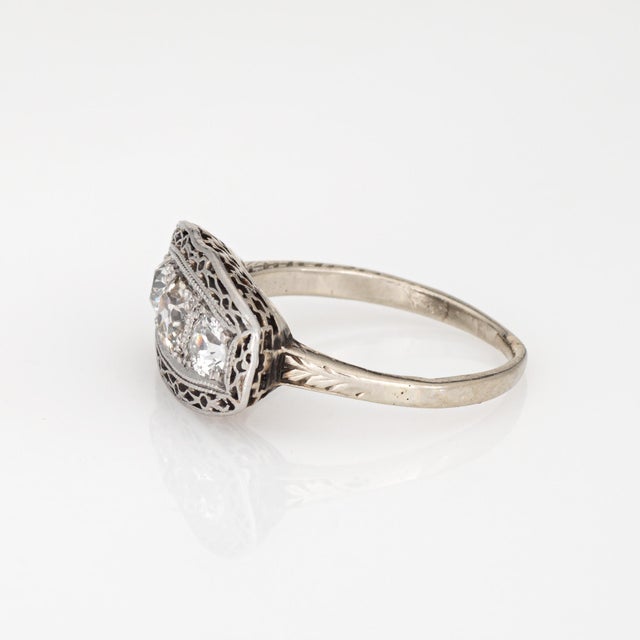 Early 20th Century Early 20th Century Vintage Art Deco Diamond Ring Sz 5.5 10k White Gold 3 Stone Band Fine Jewelry For Sale - Image 5 of 6