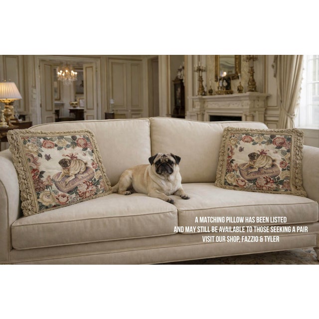 French Country Hand Made Needlepoint Pug Dog Pillow Cover #1 With Velvet Back, Tassel Trim & Zip Closure – See Photos! Cottage Core - Match May Still Be Available. For Sale - Image 3 of 9