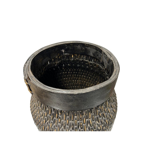 Vintage Oriental Handmade Black Rattan Bamboo Open Basket For Sale - Image 4 of 6