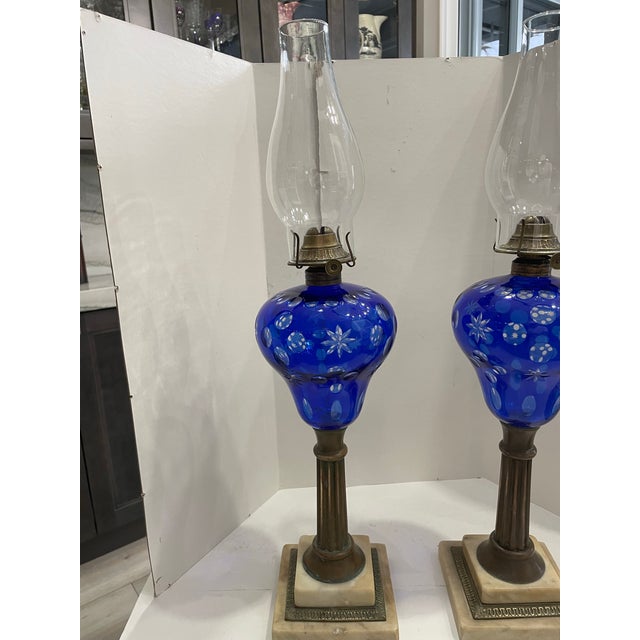 Late 19th Century Cut to Clear Cobalt Blue Oil Lamps W/Brass & Marble Bases - a Pair For Sale - Image 4 of 12