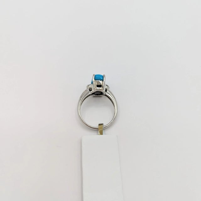 Turquoise Oval Cabochon and White Diamond Ring in Platinum, size 5.75 For Sale In Los Angeles - Image 6 of 8
