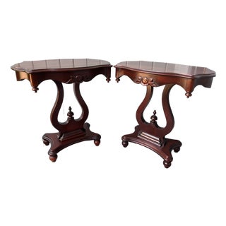 Vintage Lyre Base End Tables - Pair of Carved Mahogany Tone Harp Side Tables For Sale