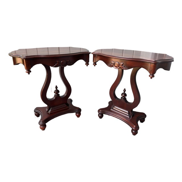 Vintage Lyre Base End Tables - Pair of Carved Mahogany Tone Harp Side Tables For Sale