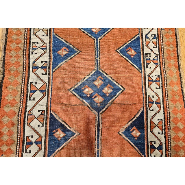 19th Century Persian Kurdish Runner Rug, Hand-Knotted Wool, Geometric Medallion Pattern, Terracotta & Navy, 3x12 For Sale - Image 12 of 16