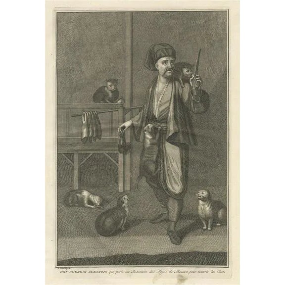 Picart, Illustration of the Albanian Dgi-Guerdgi Feeding Sheep Liver to Cats, 1727, Print For Sale