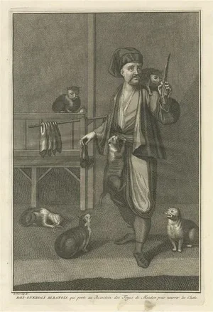 Picart, Illustration of the Albanian Dgi-Guerdgi Feeding Sheep Liver to Cats, 1727, Print