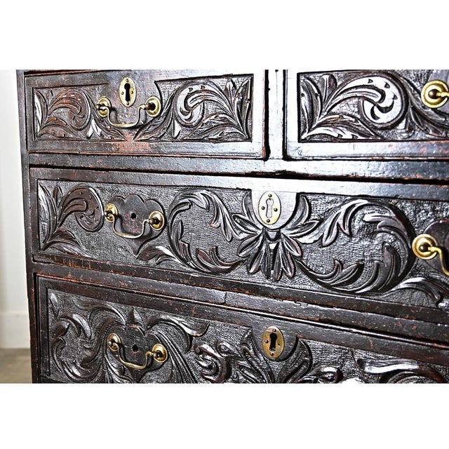 Wood English 18th Century Ebonized Oak Carved Chest of Drawers For Sale - Image 7 of 11