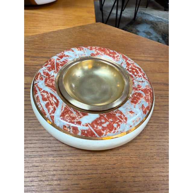 Red 1970s Tommaso Barbi Ceramic and Brass Centerpiece Bowl With Red Marbleized Glaze For Sale - Image 8 of 9