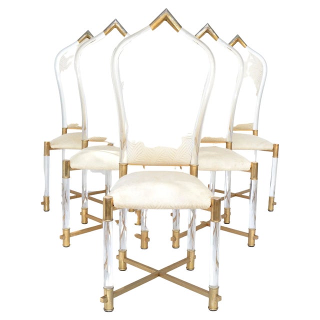 Superb set of 6 tubular lucite & brass dining chairs with a Gothic shaped high back rest, designed by Charles Hollis Jones...