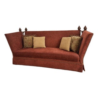 Vintage Rust Red Wingback Settee Sofa With Nailhead Trim & Carved Finials For Sale