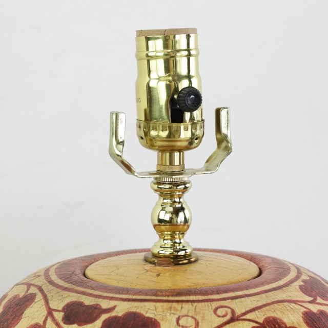 Vintage Hand Painted Brown and Cream Floral Ceramic Table Lamp With Peony Motif and Wood Base For Sale In New York - Image 6 of 13