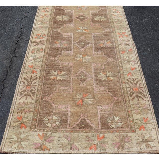 Taupe Vintage Turkish Kars Gallery Rug With Soft Taupe and Mocha Geometric Design For Sale - Image 8 of 14