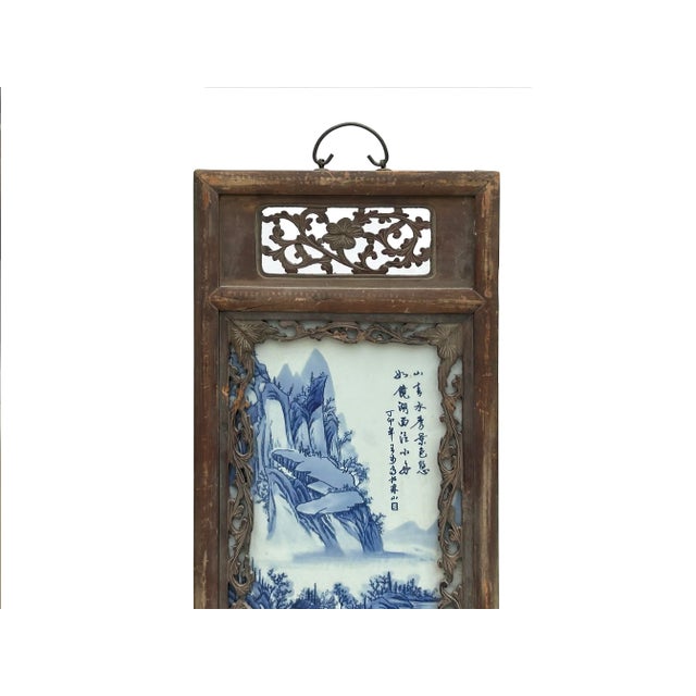 Wood Vintage Rustic Blue White Scenery Porcelain Painting Wall Panel For Sale - Image 7 of 8